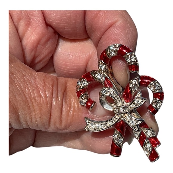 Monet Red and Silver Candy Cane Brooch Vintage Rhinestones 2” long - Picture 2 of 9